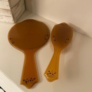 Vintage Art Deco Amber Butterscotch Bakelite Vanity Hand Mirror and Brush Set